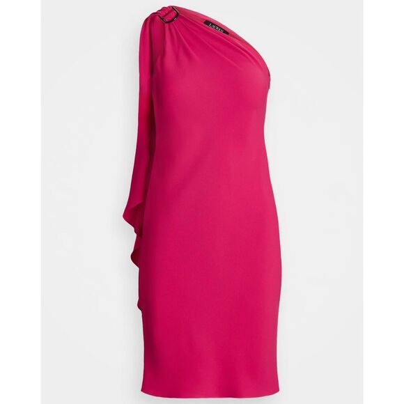 NWT Lauren Ralph Lauren Druzana Georgette Magenta One Shoulder Cocktail Dress - Picture 2 of 8